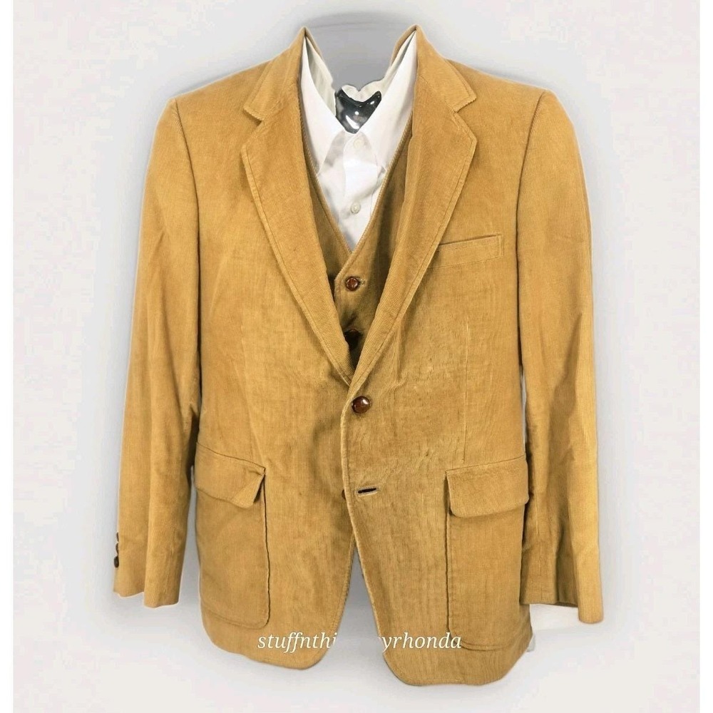 Men's Vintage Jordache Tan Corduroy 2-Button 40R Blazer Jacket With Vest